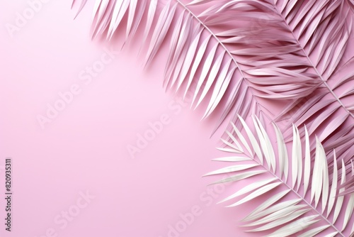 palm leaves on a pink background with space behind, in the style of soft pastels, sculptural paper constructions, soft, romantic scenes, innovative page design. photo