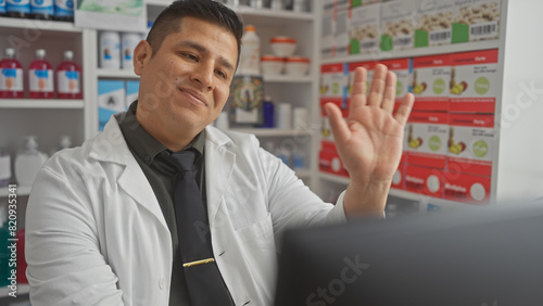 Hispanic pharmacist waving in a drugstore with shelves stocked with products in the background.