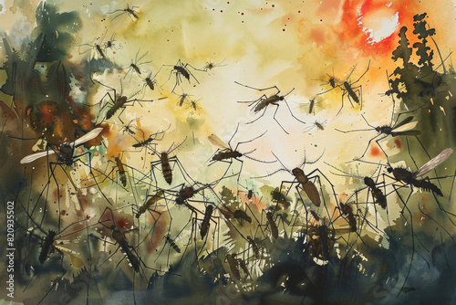 Aggressive Swarm of Mosquitoes Attack Scene in Watercolor Painting