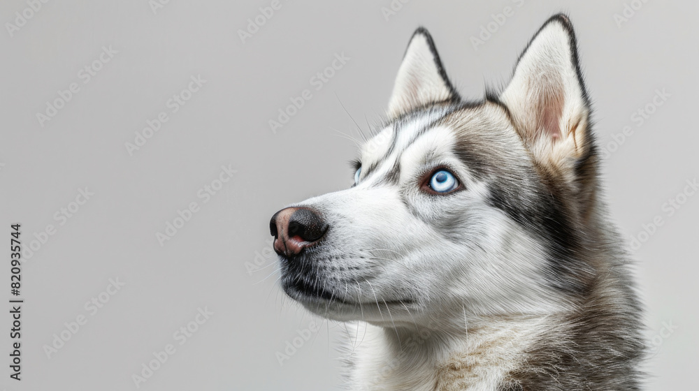Close-up portrait view of Siberian Husky dog head from side view isolated on white background