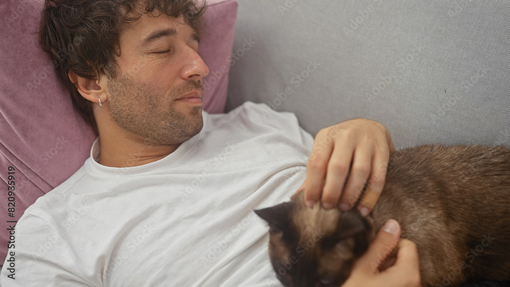 Relaxed young adult hispanic man lounging on a sofa indoors petting a siamese kitten Relaxed young adult hispanic man lounging on a sofa indoors petting a siamese kitten