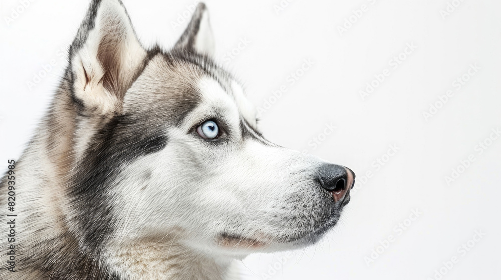 Close-up portrait view of Siberian Husky dog head from side view isolated on white background