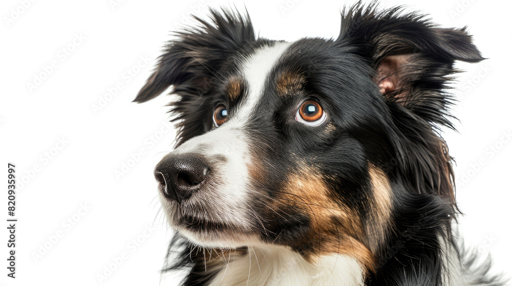 Close-up portrait view of Border Collie dog head from side view isolated on white background created with Generative AI Technology