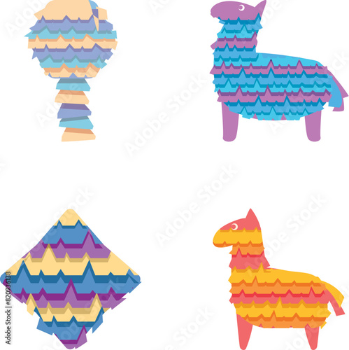 Pinata icons set cartoon vector. Colored mexican pinata for party game. Birthday traditional toy