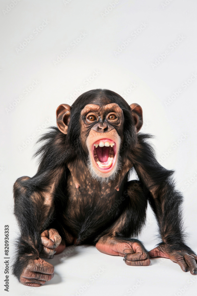 A chimpanzee with a big grin, looking tickled, isolated on a white background