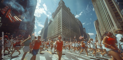 A patriotic Memorial Day parade with participants waving flags and wearing red, white, and blue, to freeze the motion and energy of the event, showcasing the spirit of the day photo