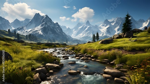 Panoramic view of a mountain river in the Swiss alps