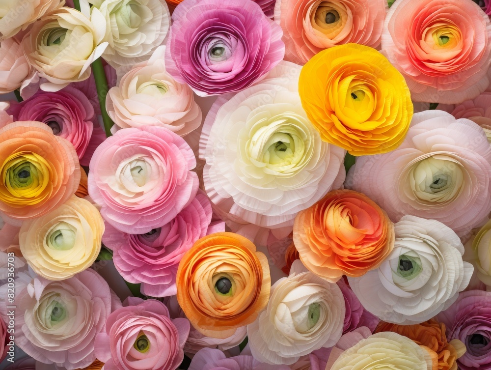 Vibrant bouquet of multicolored ranunculus flowers in full bloom. Perfect for floral designs, decor, and spring-themed projects. Vibrant bouquet of multicolored ranunculus flowers in full bloom. Perfect for floral designs, decor, and spring-themed projects.