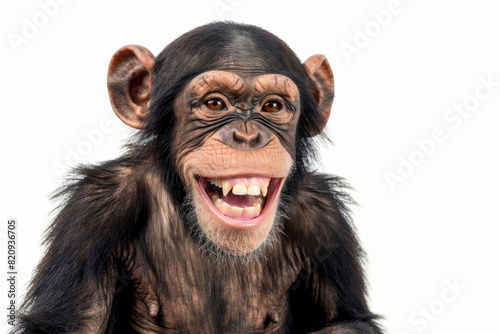 A chimpanzee with a big grin, looking tickled, isolated on a white background © Venka