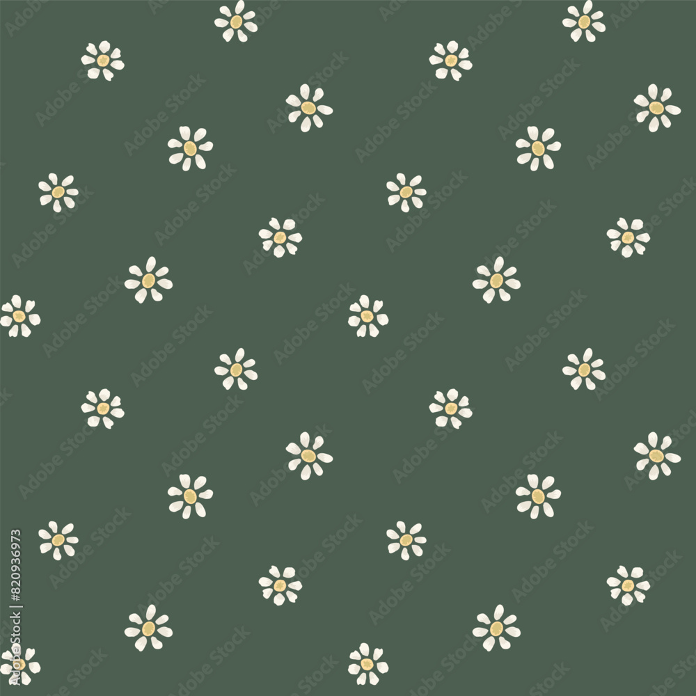 Daisy or chamomile flower seamless vector pattern vector pattern background. Small flower heads scattered on dark green backdrop. Simple all over print for spring, summer, gardening products Daisy or chamomile flower seamless vector pattern vector pattern background. Small flower heads scattered on dark green backdrop. Simple all over print for spring, summer, gardening products