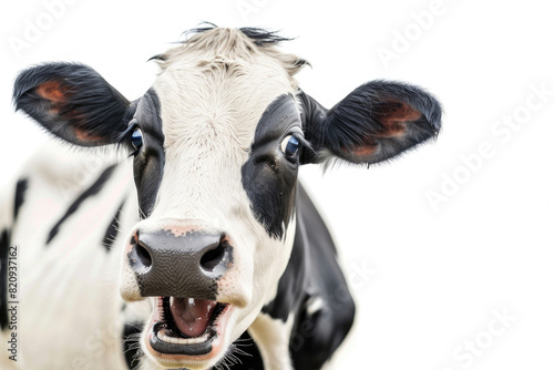 A cow with a broad smile, looking cheerful, isolated on a white background