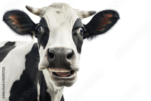 A cow with a broad smile  looking cheerful  isolated on a white background