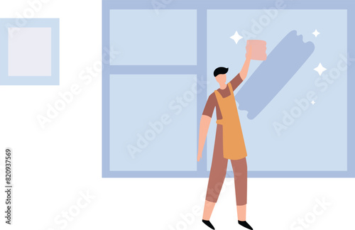 The boy is cleaning the window.