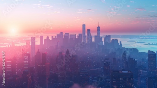 Serene sunset over an urban cityscape with skyscrapers and a vibrant sky gradient  capturing the city s grandeur