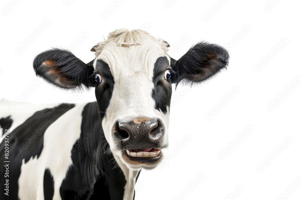 A cow with a broad smile, looking cheerful, isolated on a white background