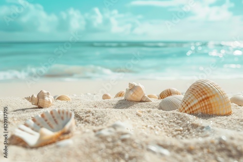 Close-up of seashells on the beach with foamy waves surrounding them in daylight. Beautiful simple AI generated image in 4K, unique.