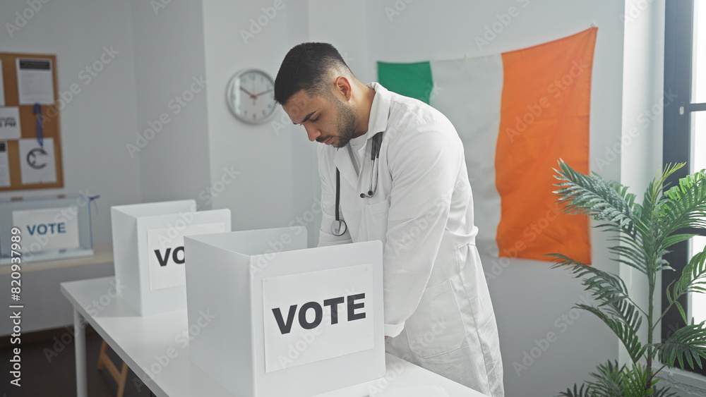 Hispanic man voting in an irish electoral setting with flag, capturing democracy and diversity in action. Hispanic man voting in an irish electoral setting with flag, capturing democracy and diversity in action.