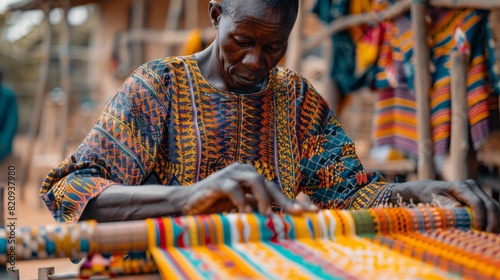 A person in traditional African attire is focused on weaving colorful textiles on a loom photo
