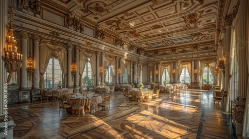 An opulent ballroom with intricate architectural details, elegant furnishings, and a grand, inviting ambiance