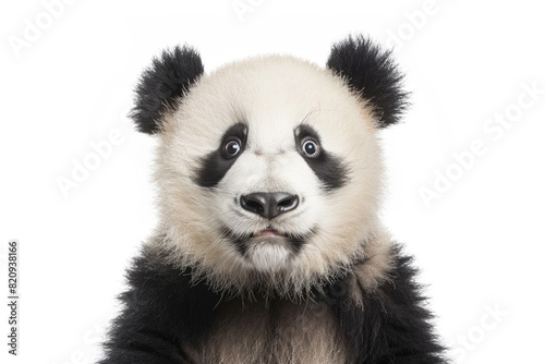 A panda with a happy expression  looking gleeful  isolated on a white background