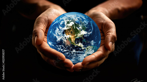 two hands carefully holding blue earth planet in the middle environmental protection concept
