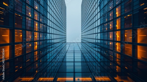 A modern glass building rises towards infinity, showcasing a symmetrical, reflective perspective that gives a sense of scale and corporate style