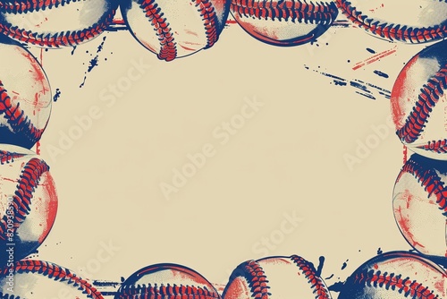 Minimalist studio scene: Red and blue baseballs frame a central space for text on a clean white background.