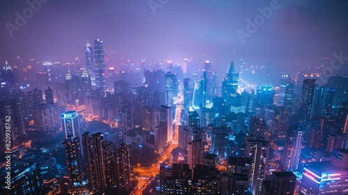 This image captures a sprawling cityscape bathed in neon lights with skyscrapers piercing the twilight sky, illuminating the urban night