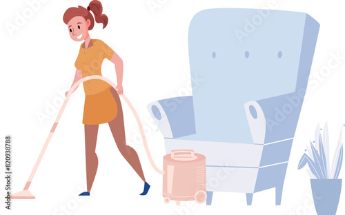 The girl is cleaning the floor with a hoover.