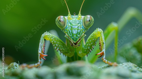Detailed close-up of a praying mantis showcasing its vibrant eyes and intricate body patterns in a natural environment