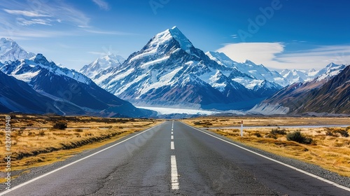 Remarkable scenic view of snow mountain, clear blue sky and asphalt road photo