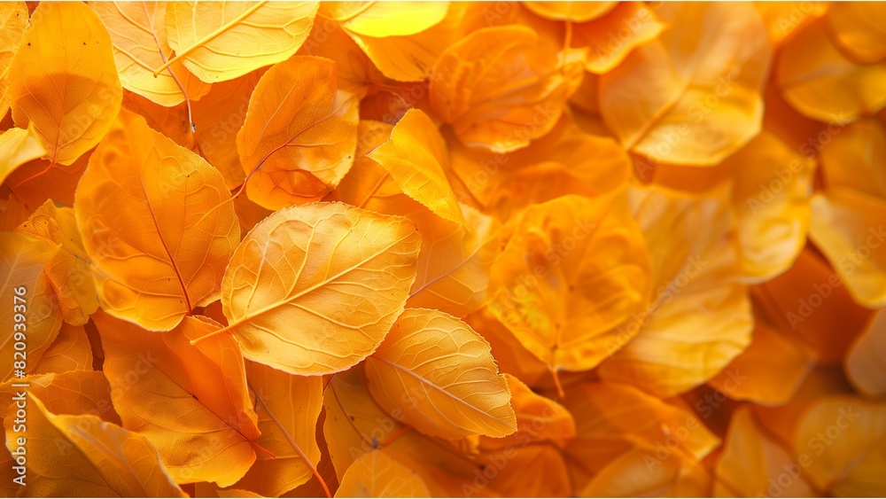 The background features autumn leaves in yellow and orange colors in a closeup, high resolution, high detailed style. The background features autumn leaves in yellow and orange colors in a closeup, high resolution, high detailed style.