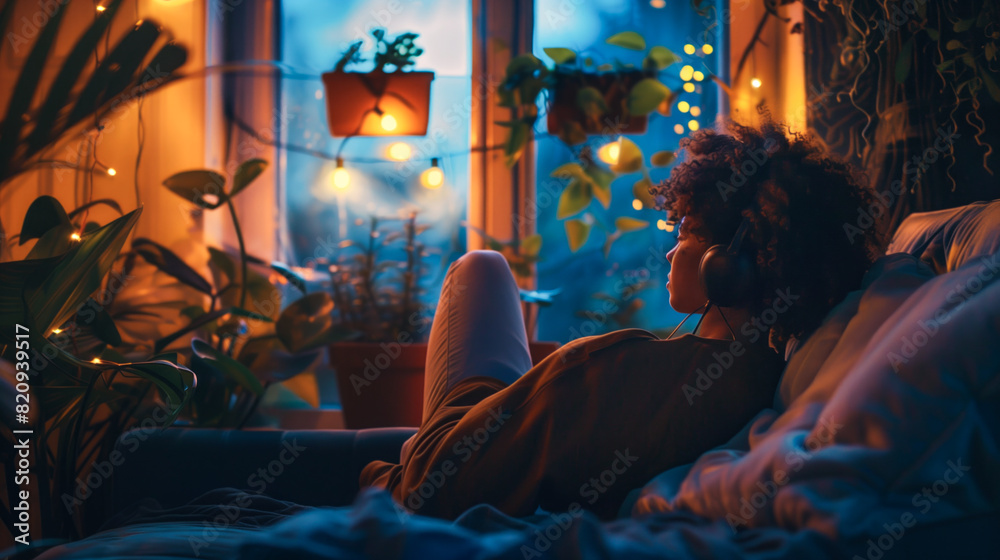 A person winding down in the evening by listening to music A person winding down in the evening by listening to music