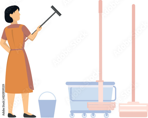 The girl is holding a floor wiper.