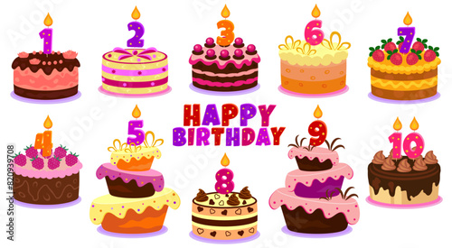 Set of colored birthday cakes with candles and numbers, vector.