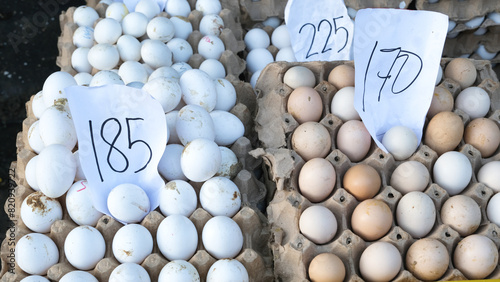 A chicken egg is displayed in the market with price tags in Philippine Pesos. photo