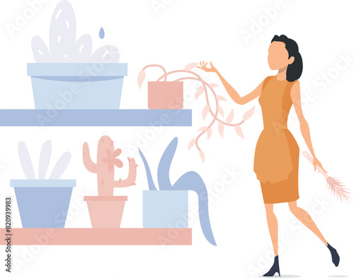 The girl is taking care of the plants.
