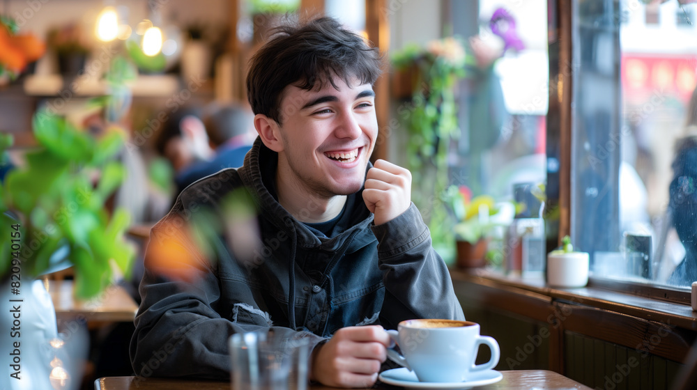 a photo of a young man, smiling happily as he enjoys a cup of coffee at a trendy cafe a photo of a young man, smiling happily as he enjoys a cup of coffee at a trendy cafe