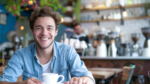 a photo of a young man, smiling happily as he enjoys a cup of coffee at a trendy cafe