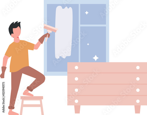 The housekeeper is cleaning the window.