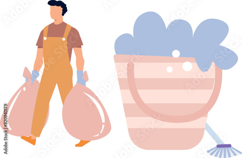 The housekeeper is carrying garbage bags.