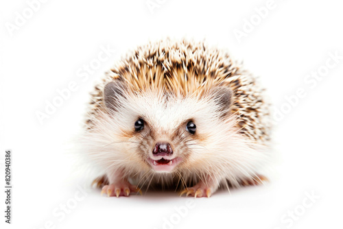 A hedgehog with a wide smile, looking like it's chuckling, isolated on a white background