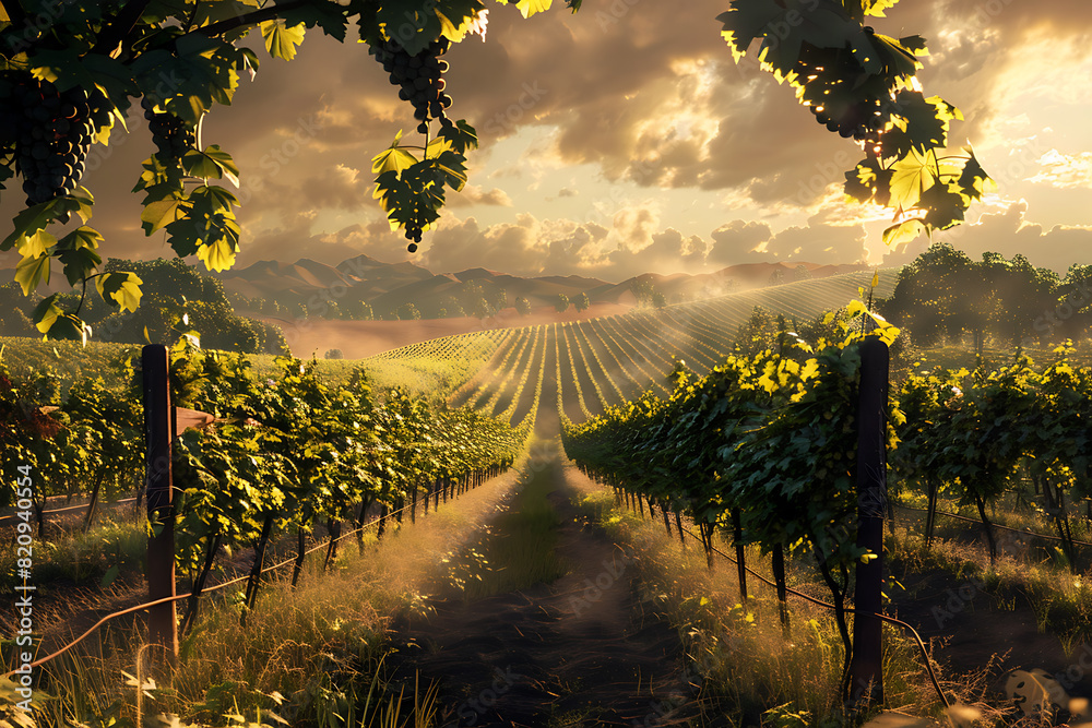 Fototapeta premium Expansive vineyards filled with ripe grapes, showcasing the beauty and abundance of large plantations.