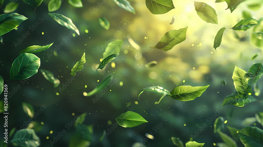 Flying leaves effect with mild sunbeam in 3d illustration vector
