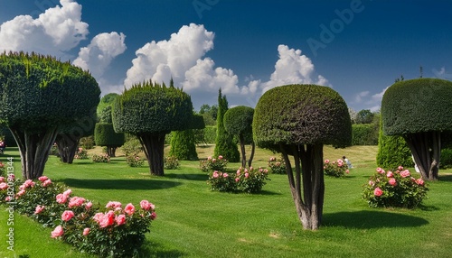 landscape with trees topiary and roses photo