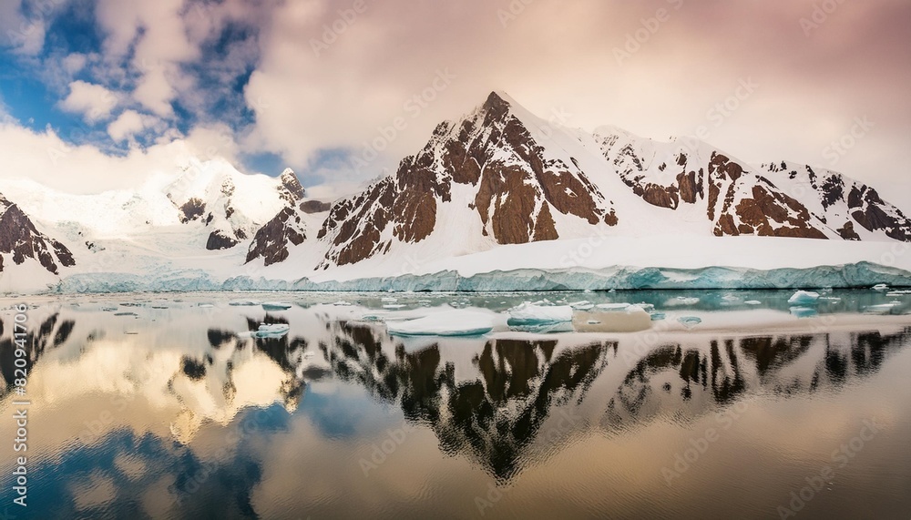 blue ice covered mountains in south polar ocean winter antarctic landscape the mount s reflection in the crystal clear water the cloudy sky over the massive rock glacier travel wild nature