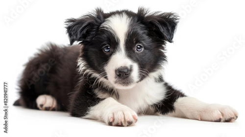 Front view of a cute Border Collie puppy sitting lying down isolated on a white background © AstraNova