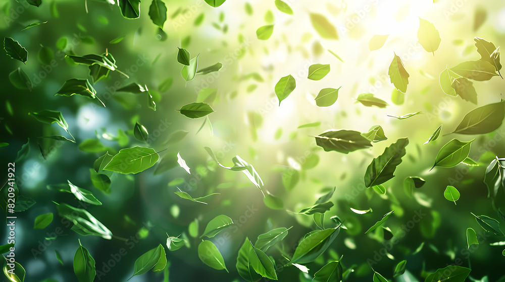 Flying leaves effect with mild sunbeam in 3d illustration vector