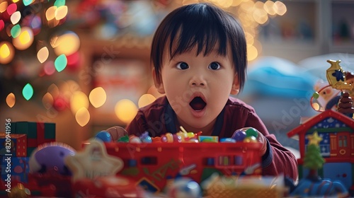 Cherished moment Child's glowing smile as they explore new toys. Embracing innocence and delight. photo