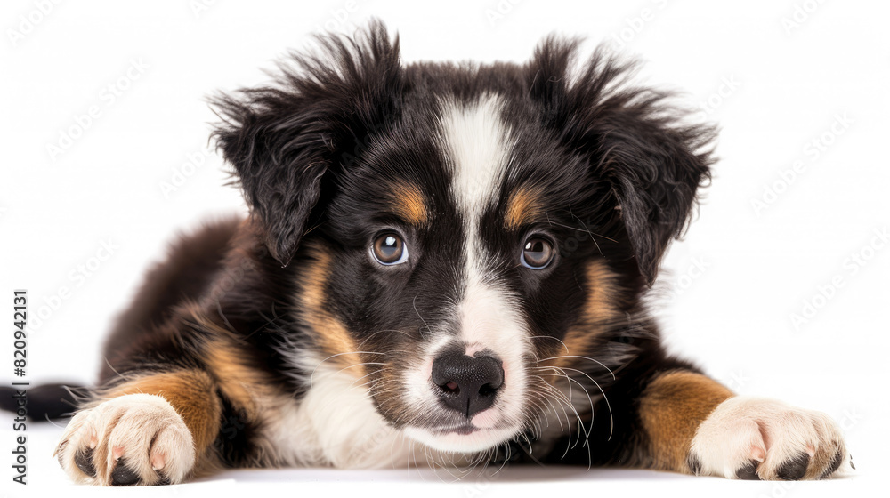 Front view of a cute Border Collie puppy sitting lying down isolated on a white background created with Generative AI Technology
